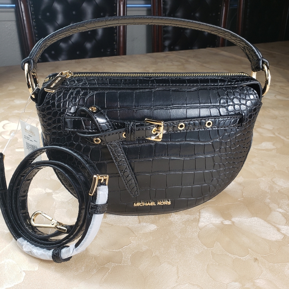 Michael Kors Emilia Half Moon Black Crossbody Small Saddle Bag